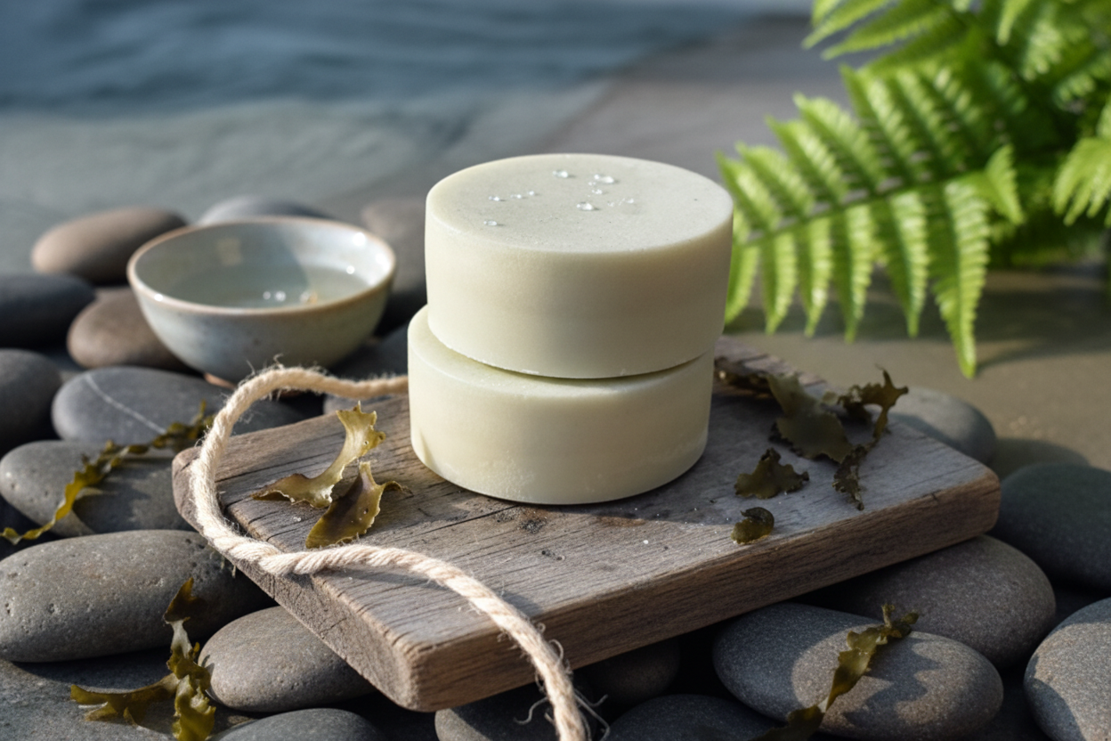 Seasprout Handcrafted Shampoo Bar in natural spa setting